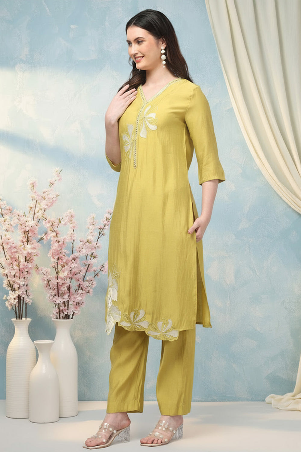 SILK BLEND EMBROIDERED SUIT SET-YELLOW