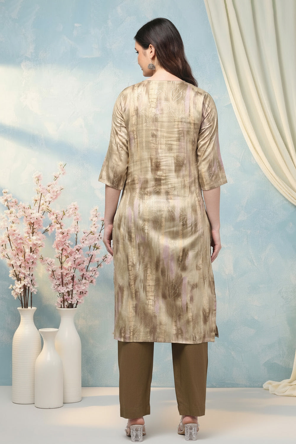 SILK BLEND PRINTED SUIT SET-OLIVE GREEN
