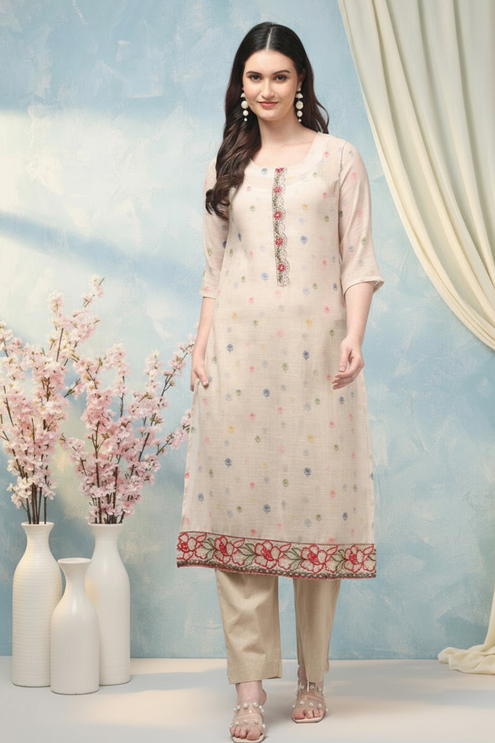 COTTON EMBROIDERED SUIT SET- BEIGE