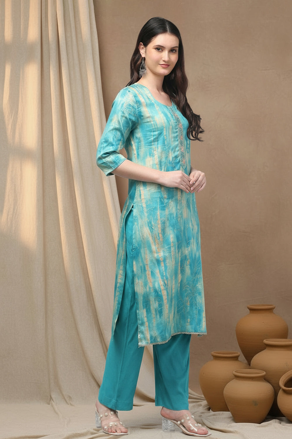 SILK BLEND FOIL PRINT SUIT SET-SEA GREEN