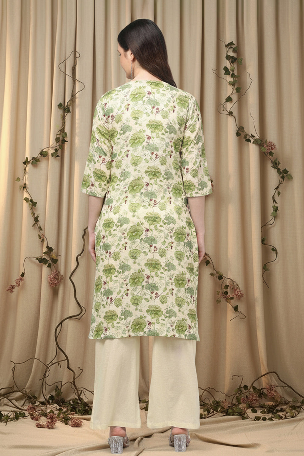 COTTON PRINTED & EMBROIDERED SUIT SET-OLIVE GREEN