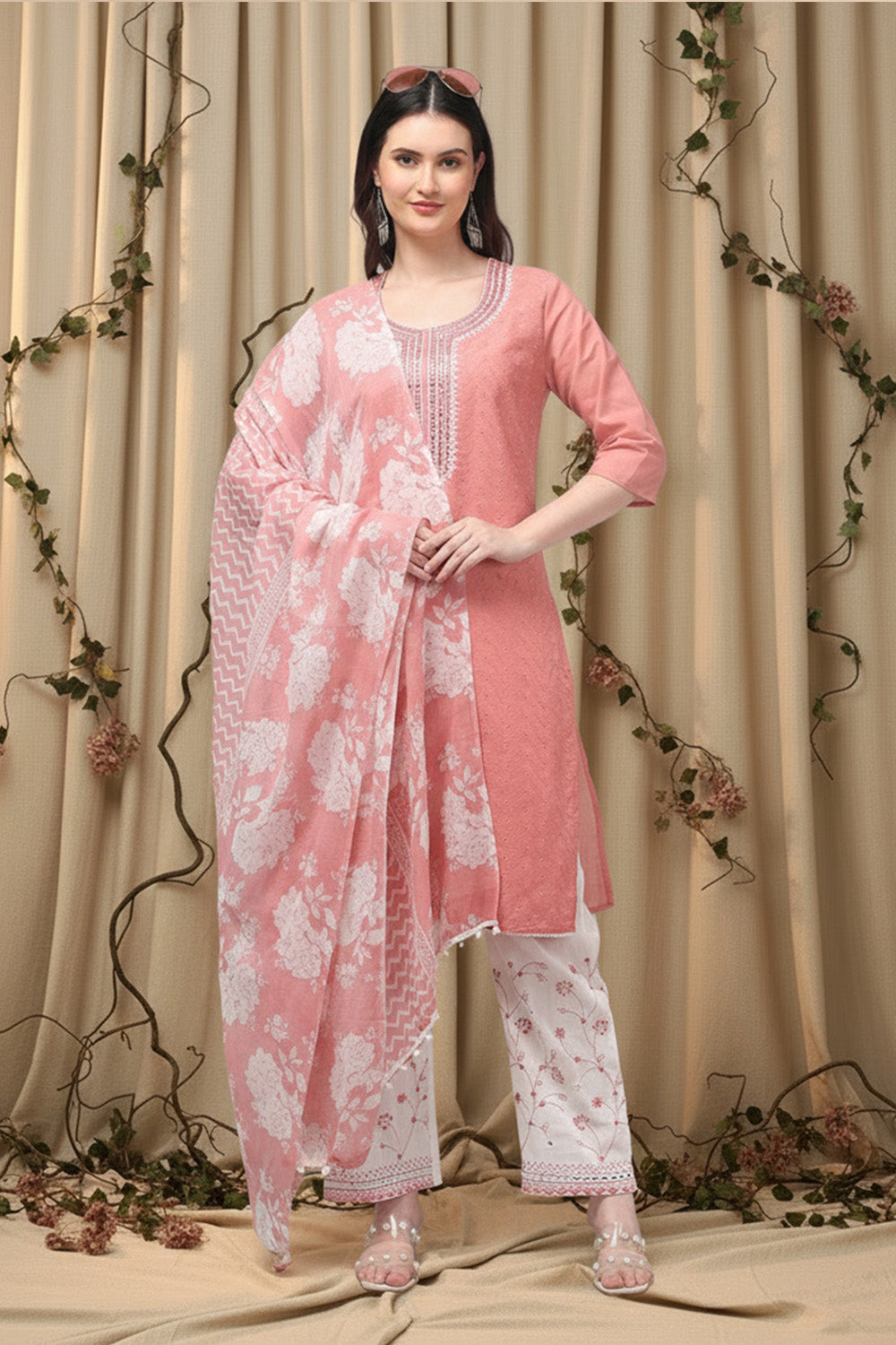 COTTON CHIKANKARI MIRROR WORK SUIT SET- CARROT PINK