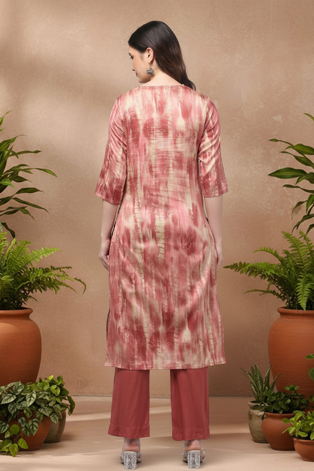SILK BLEND FOIL PRINT SUIT SET- PINK