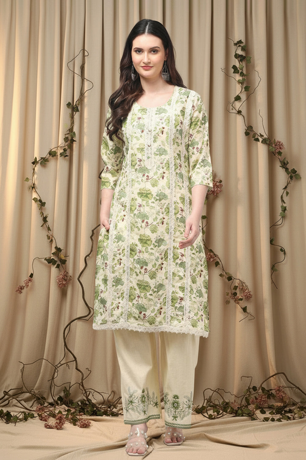 COTTON PRINTED & EMBROIDERED SUIT SET-OLIVE GREEN