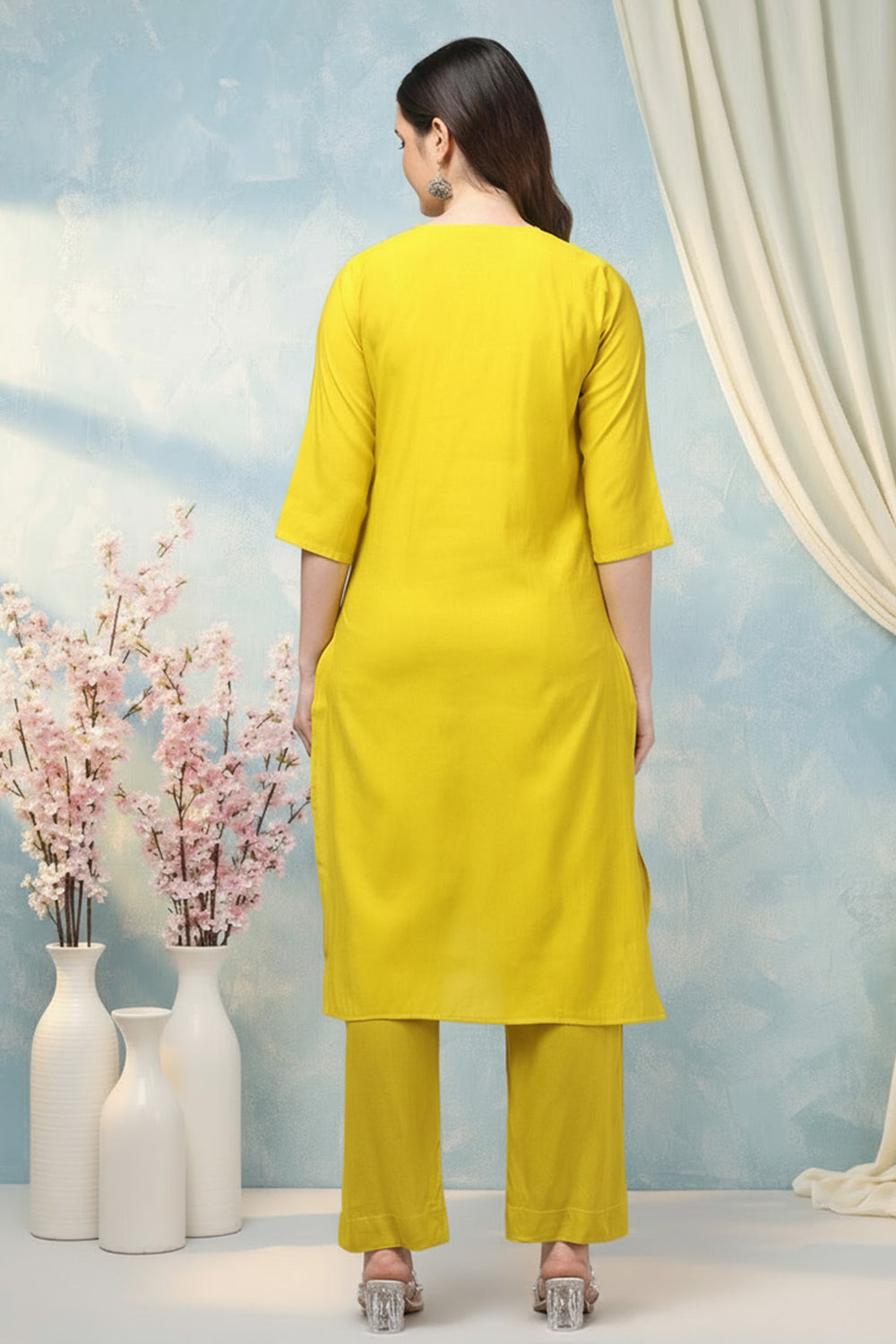 SILK BLEND EMBROIDERED SUIT SET- YELLOW