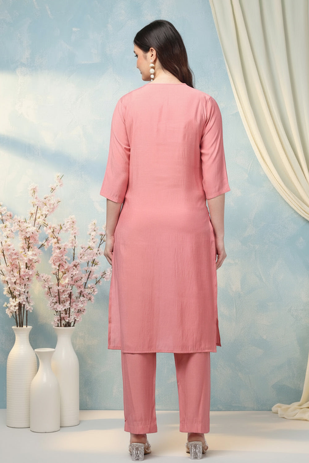 SILK EMBROIDERED SUIT SET- PINK