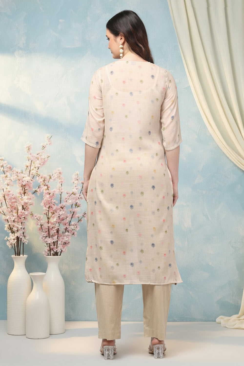 COTTON EMBROIDERED SUIT SET- BEIGE