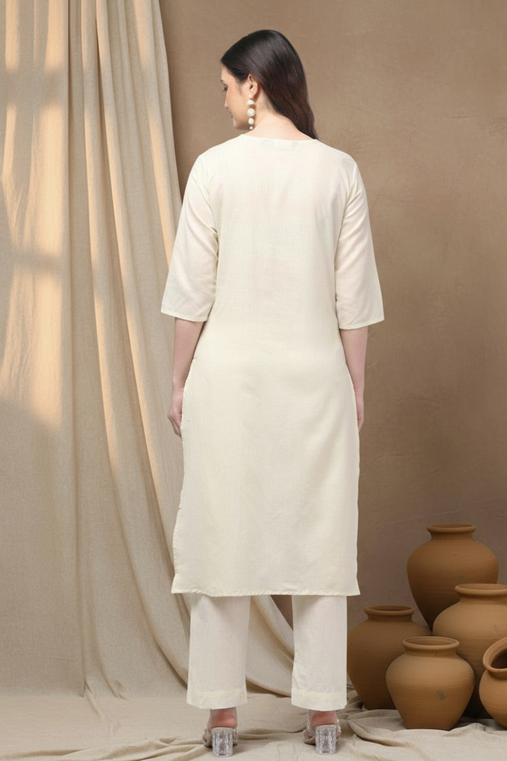 COTTON EMBROIDERED SUIT SET- CREAM