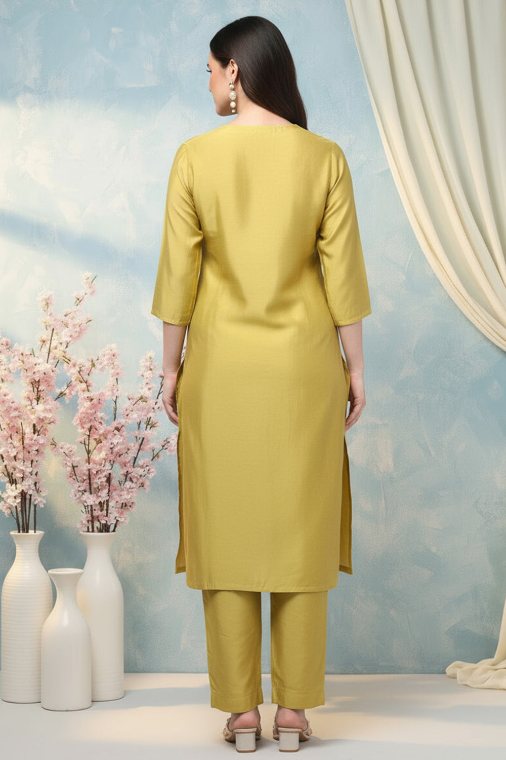 SILK BLEND EMBROIDERED SUIT SET-YELLOW