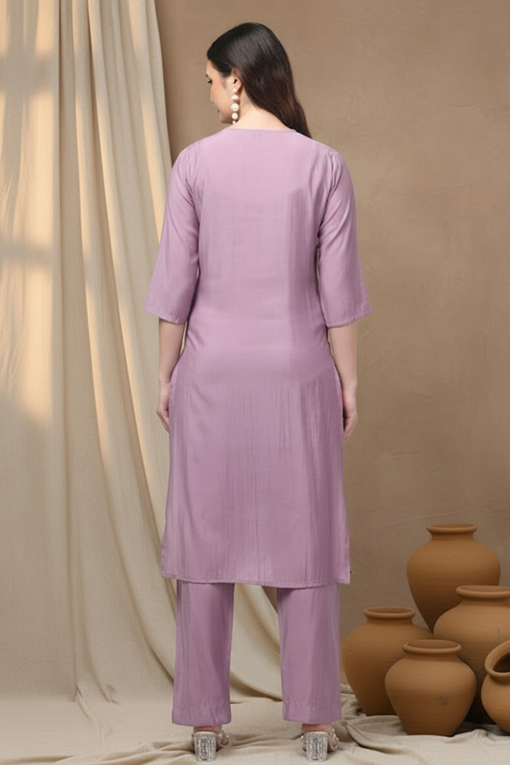 SILK BLEND EMBROIDERED SUIT SET-PURPLE