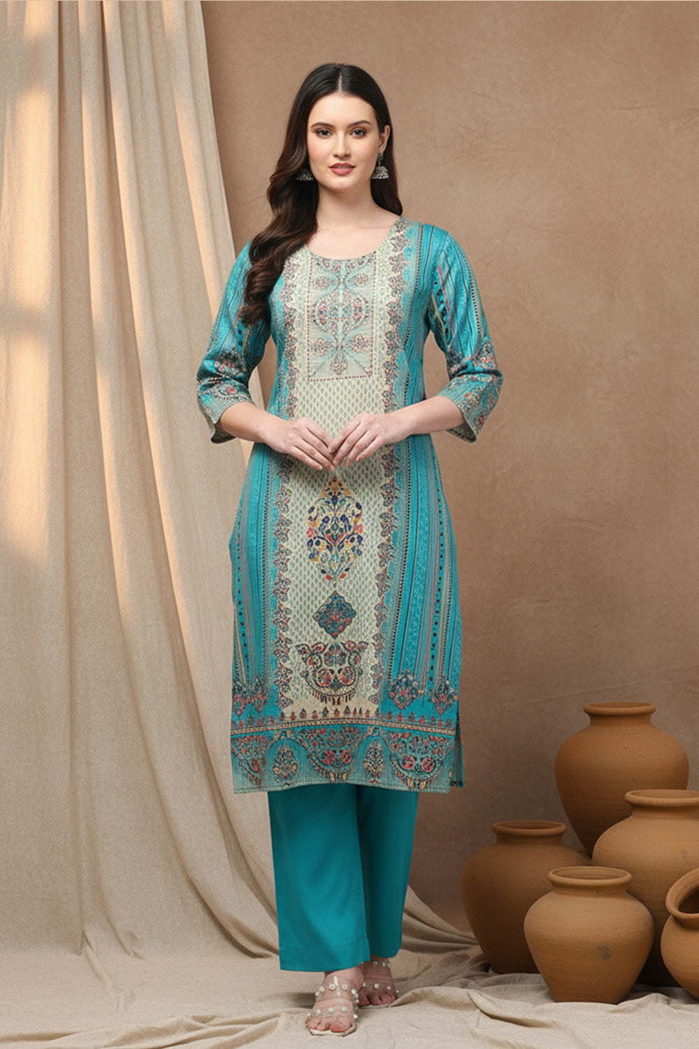 SILK BLEND ETHNIC PRINT SUIT SET- SEA GREEN