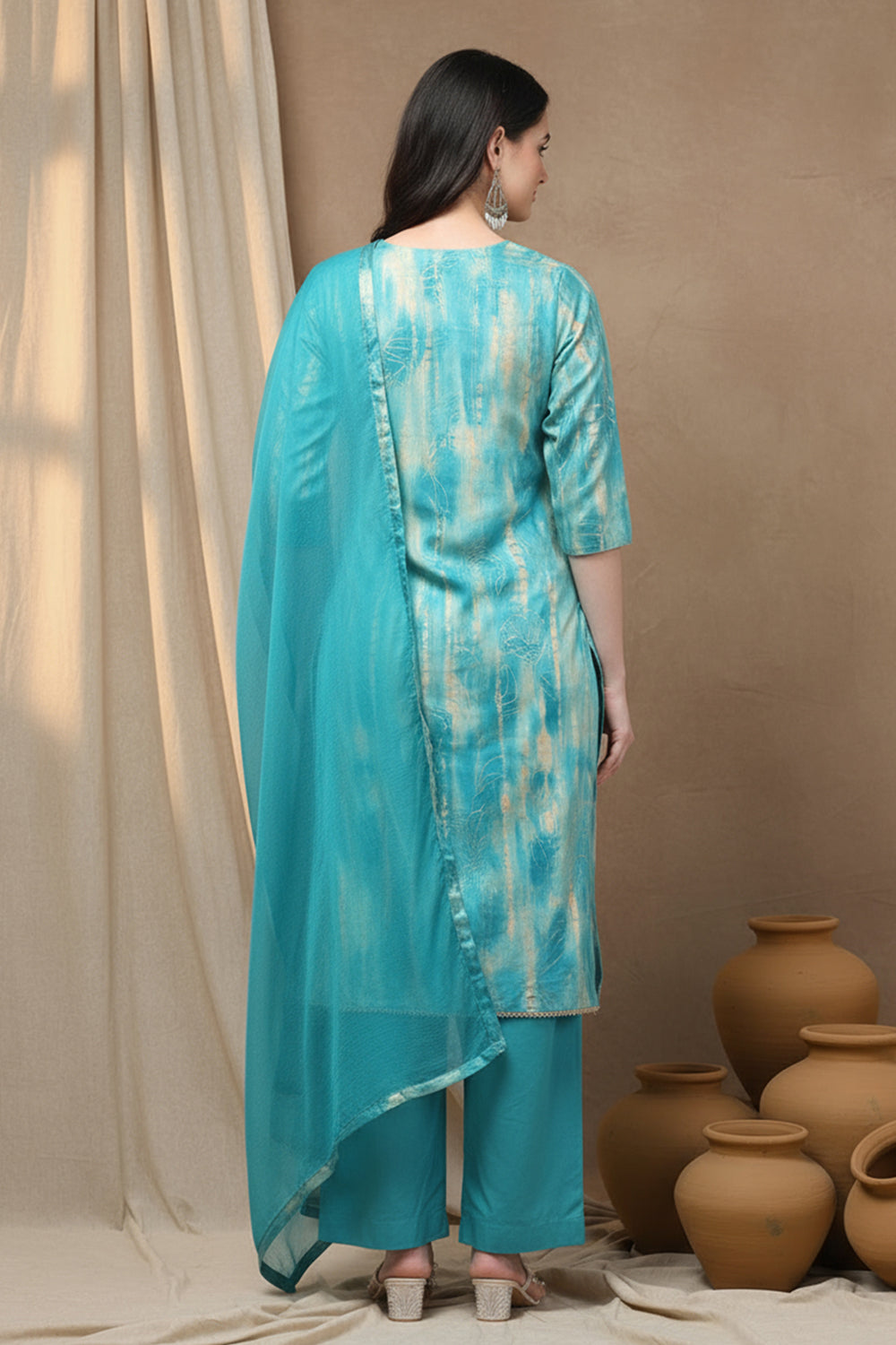 SILK BLEND FOIL PRINT SUIT SET-SEA GREEN