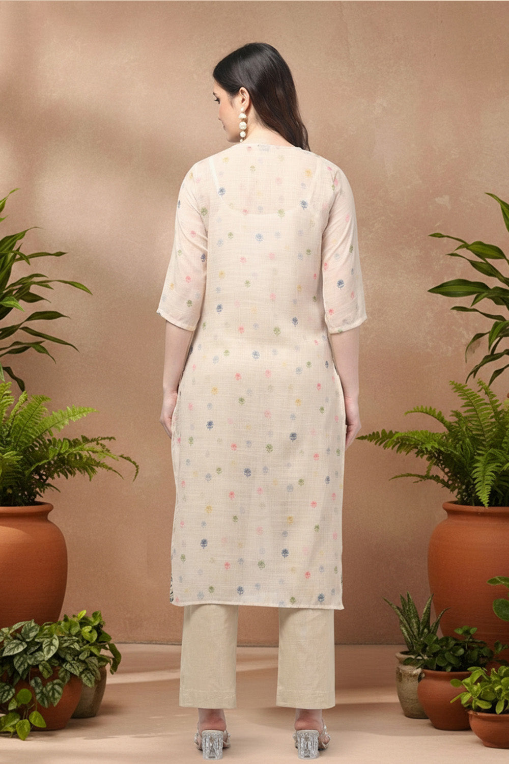 PRINTED COTTON SUIT SET- BEIGE