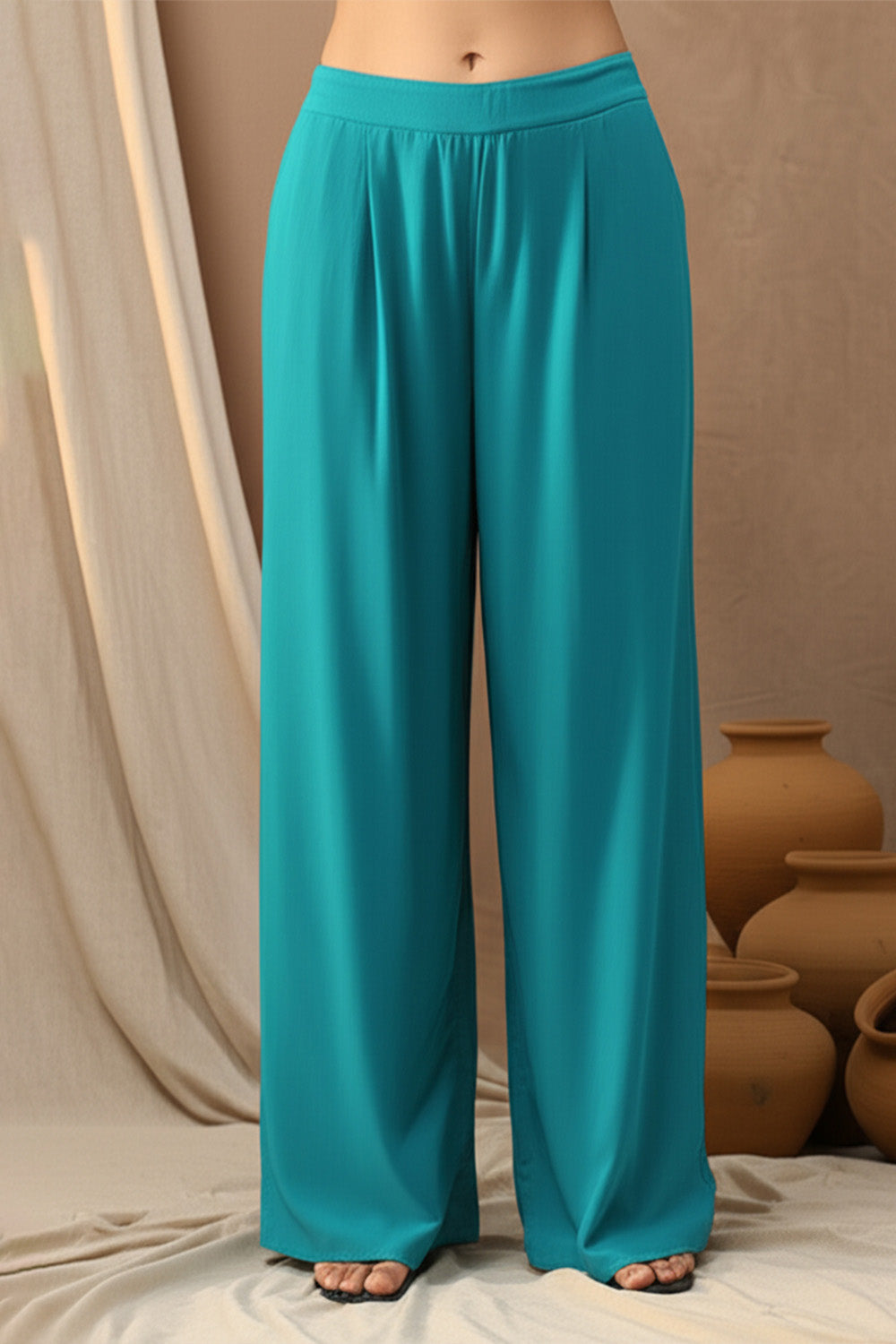 SILK BLEND ETHNIC PRINT SUIT SET- SEA GREEN