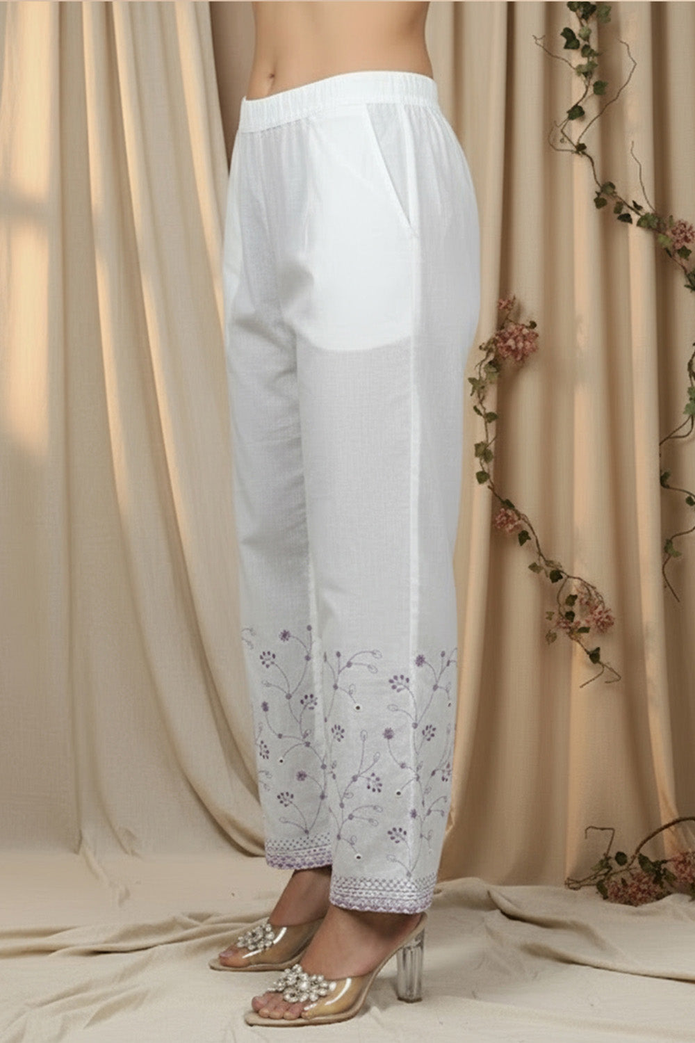 COTTON CHIKANKARI MIRROR WORK SUIT SET-PURPLE