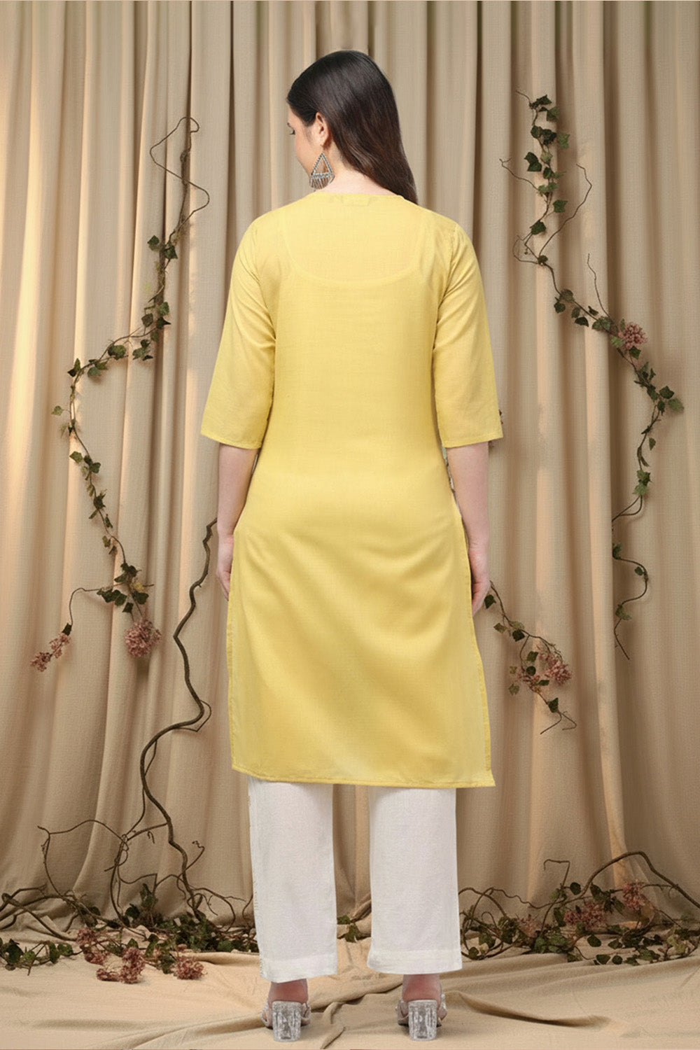 COTTON CHIKANKARI MIRROR WORK SUIT SET- YELLOW