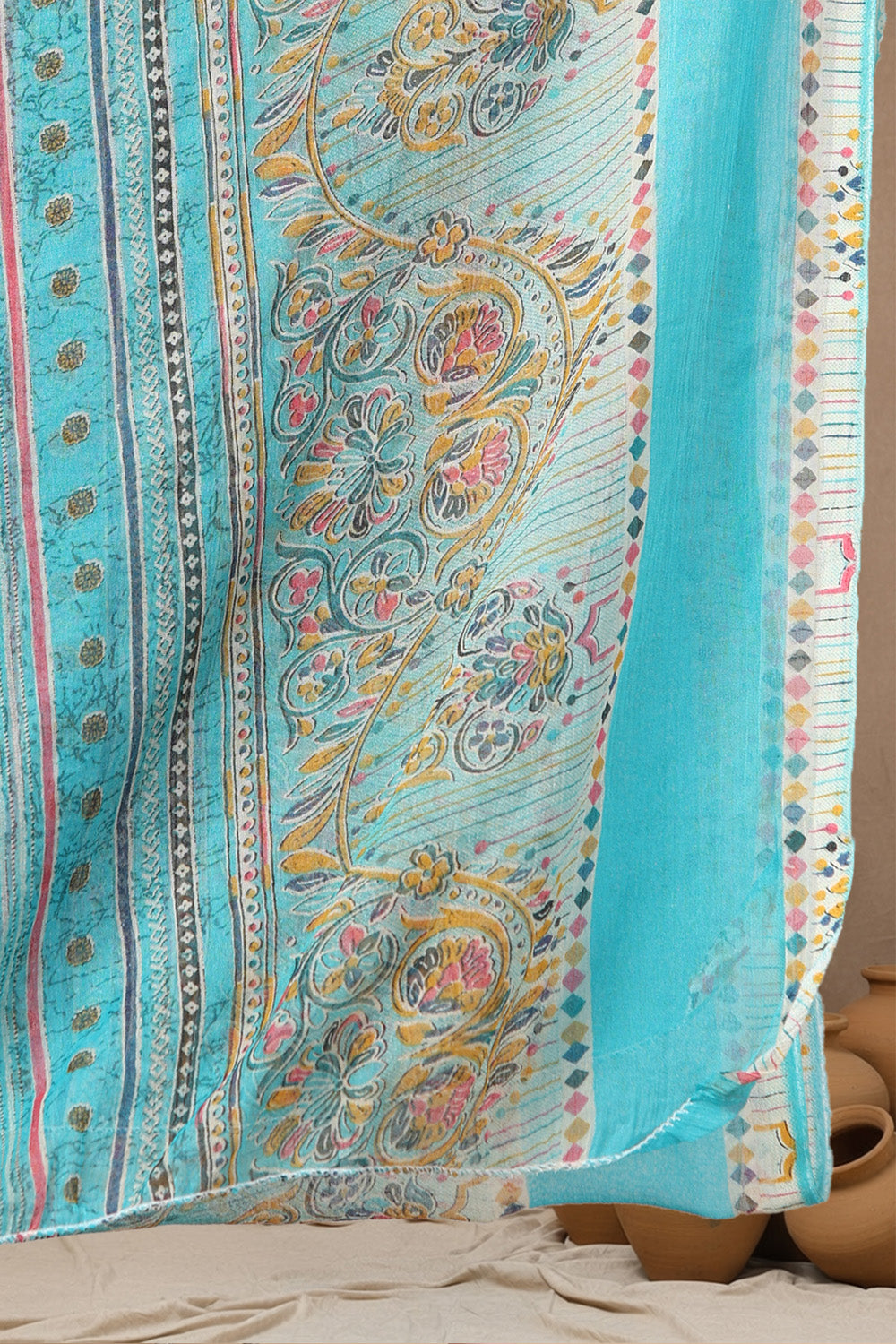 SILK BLEND ETHNIC PRINT SUIT SET- SEA GREEN