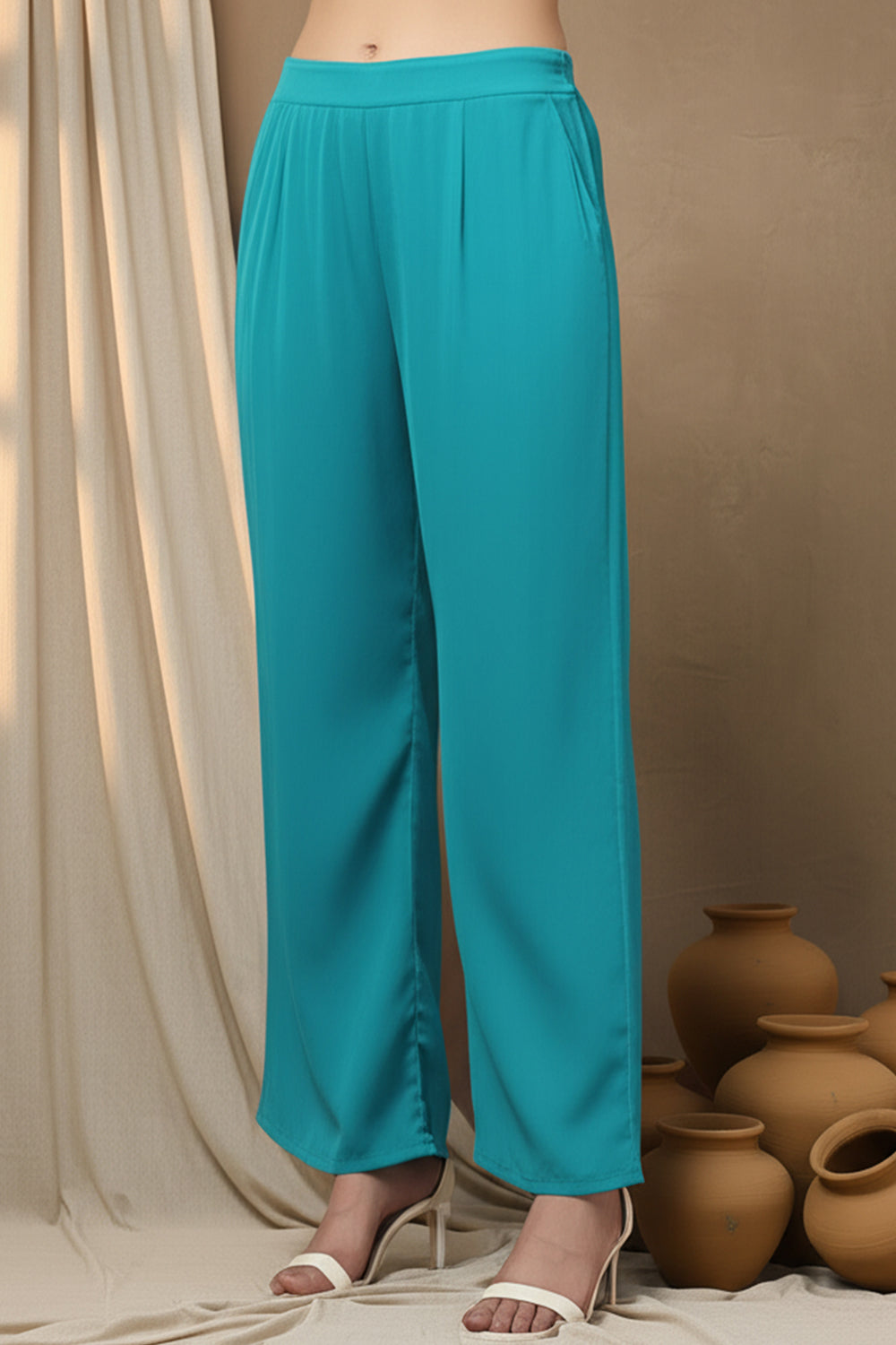 SILK BLEND FOIL PRINT SUIT SET-SEA GREEN