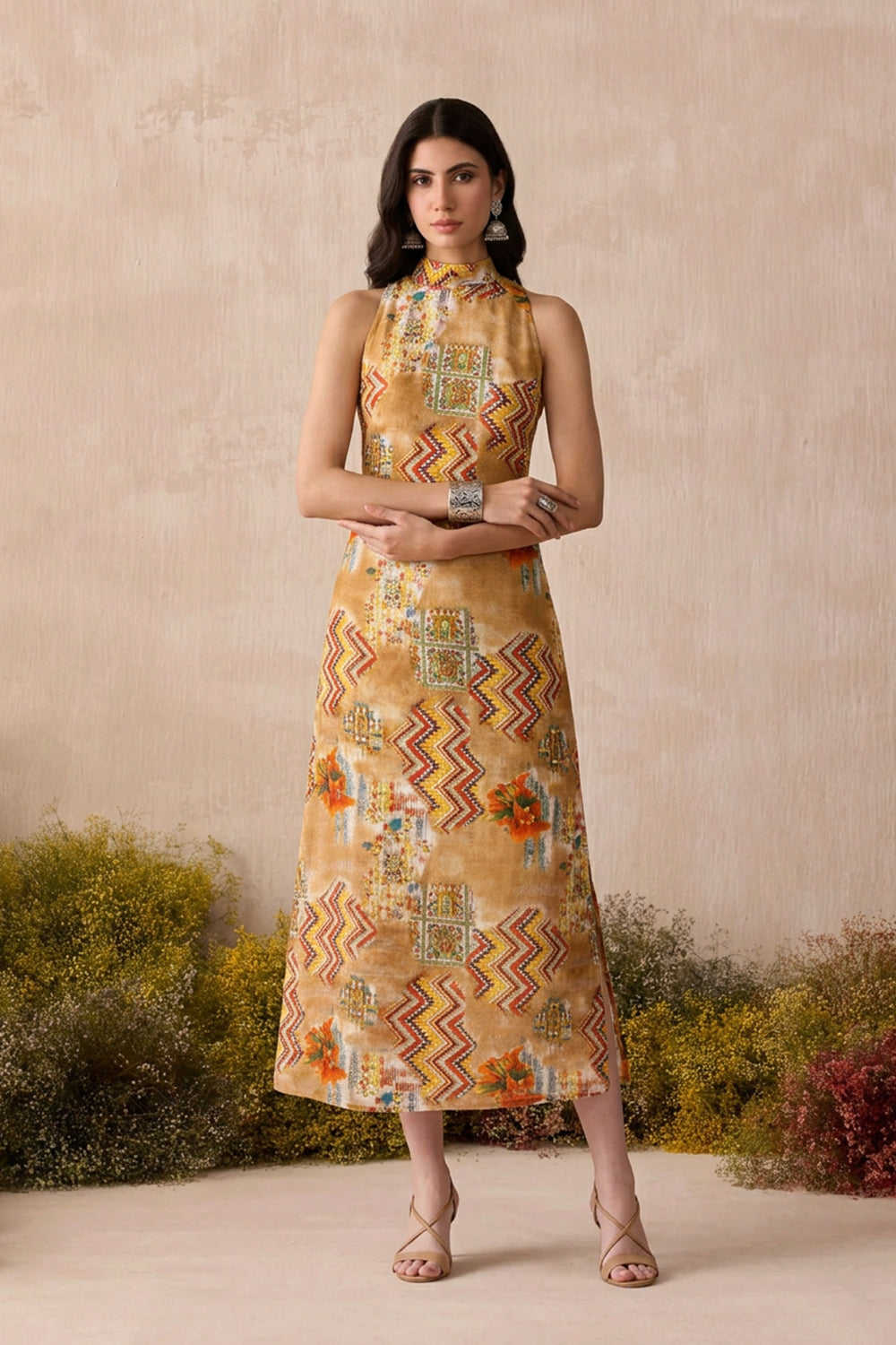 SILK MAXI DRESS- BROWN PRINTED