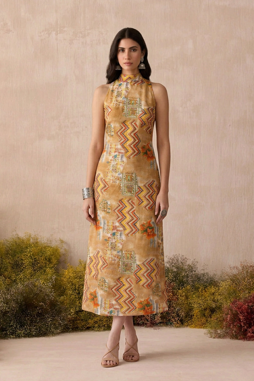 SILK MAXI DRESS- BROWN PRINTED
