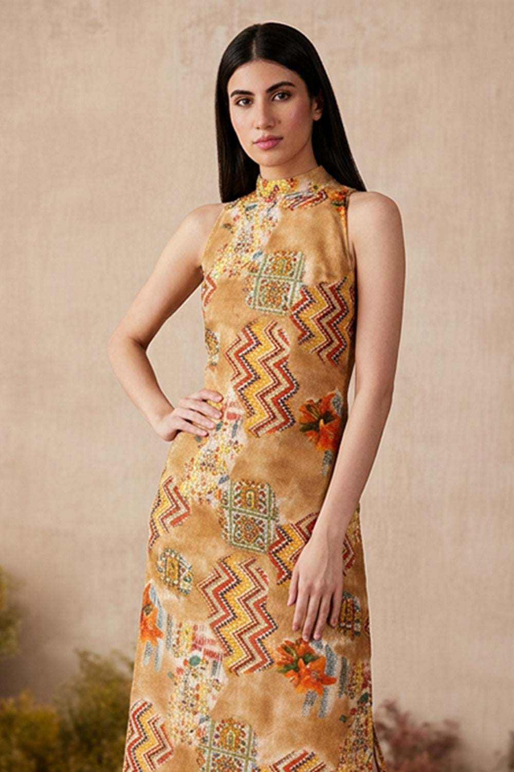 SILK MAXI DRESS- BROWN PRINTED
