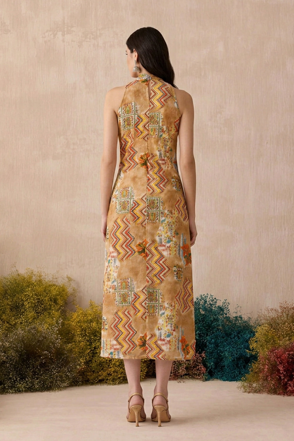 SILK MAXI DRESS- BROWN PRINTED