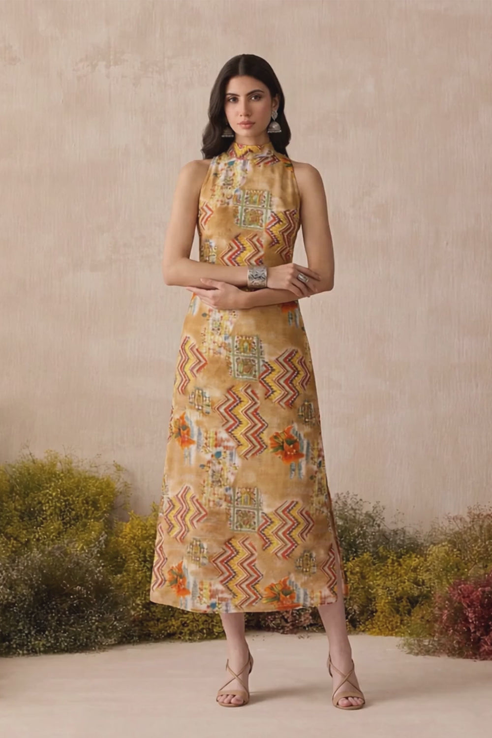 SILK MAXI DRESS- BROWN PRINTED