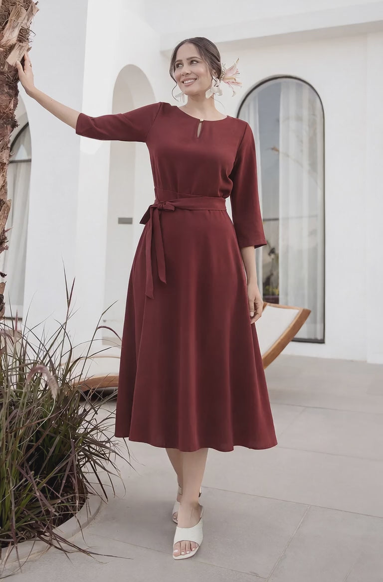 POLY A-LINE MIDI DRESS-MAROON